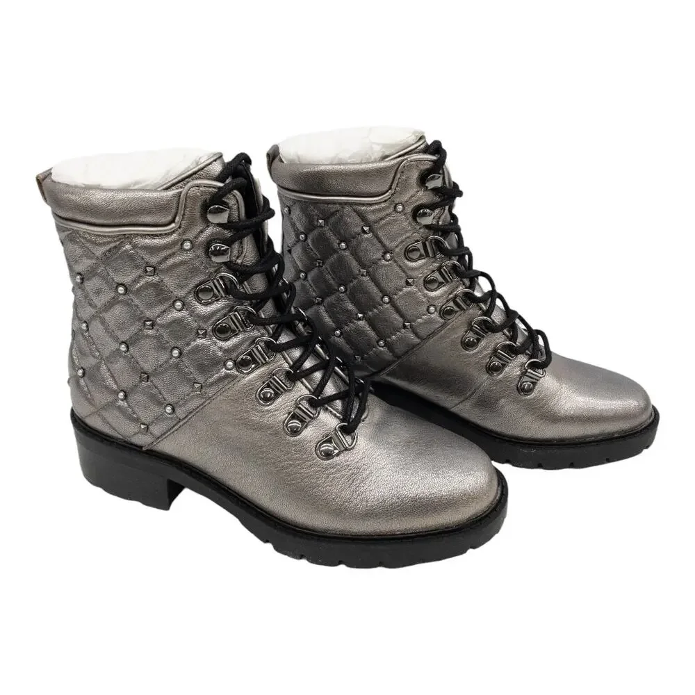 Marc Fisher Silver Metallic Lug Sole Quilted Studded Lace Up Combat Boots Size 5